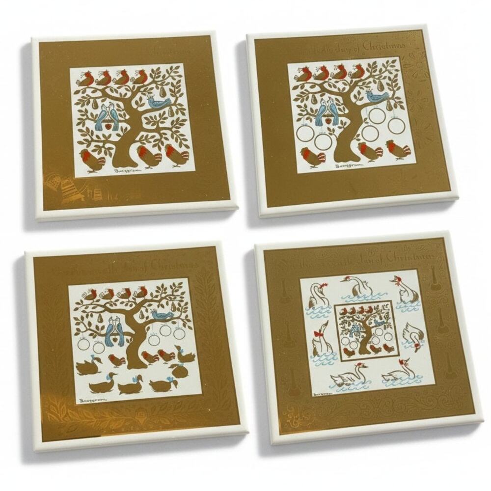 Vintage Berggren 12 Days of Christmas Ceramic Tile Set 4th-7th Day Gold Foil